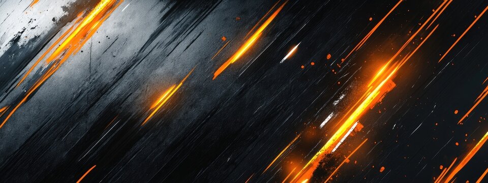 Modern sport fitness gym background, matte black textured surface with abstract white brush strokes and glowing orange energy lines, sharp diagonal patterns symbolizing motion, clean and powerful look