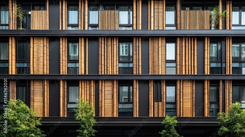Poster modern architectural design featuring sustainable bamboo elements and large windows, showcasing a un