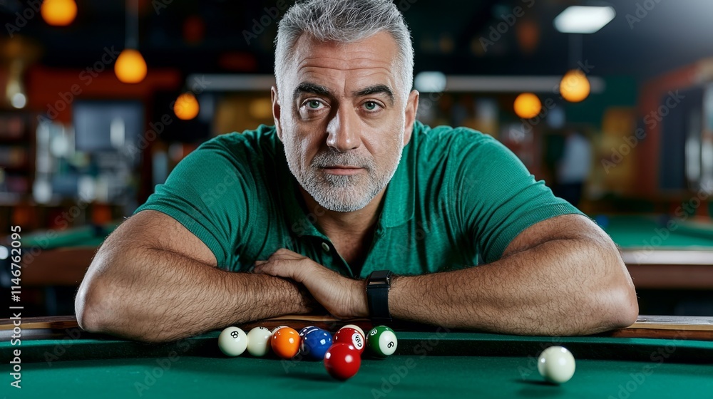 Poster man thoughtfully observes billiard balls on a green pool table in a lively bar setting
