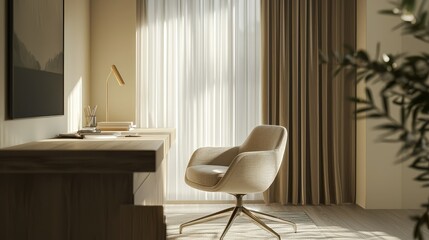 Cozy and Modern Workspace with Stylish Chair and Natural Light in Minimalist Interior Design, Ideal for Productive Home Office or Creative Studio Environment