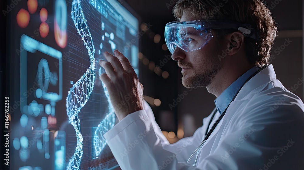 Poster scientist examining dna data on interactive screen.