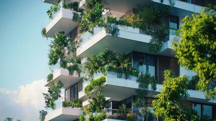 Fototapeta premium Modern Eco-Friendly Apartment Building with Vertical Garden Design Surrounded by Greenery in Urban Landscape Under Clear Blue Sky