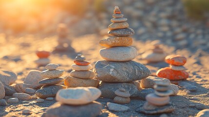 Obraz premium Sunlit beach scene with multiple balanced rock stacks.