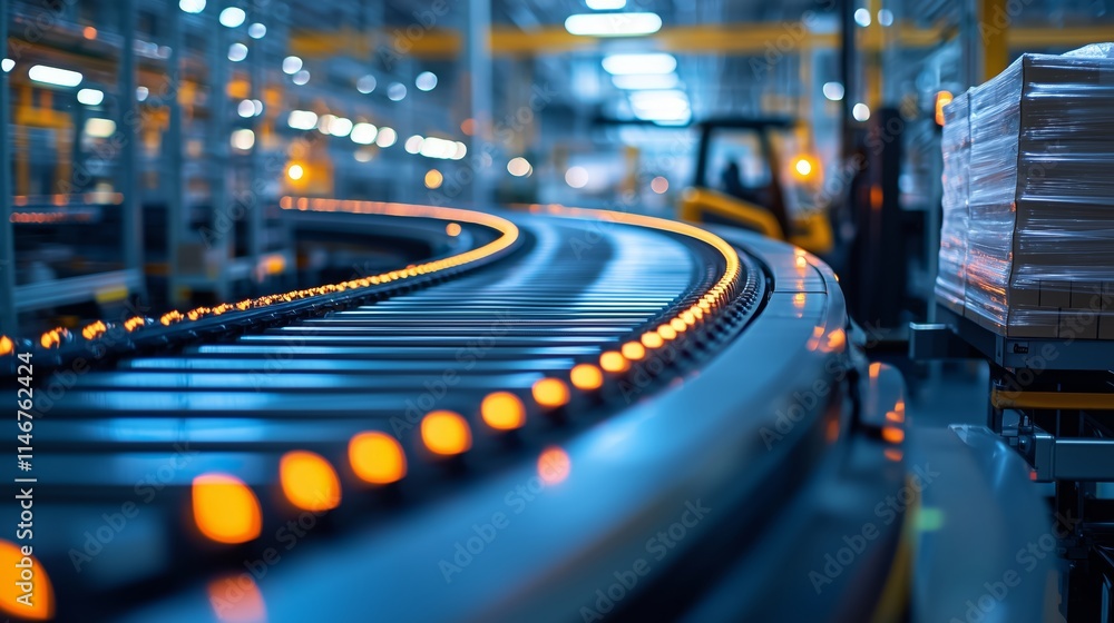 Poster futuristic automated conveyor system in high-tech warehouse with bright led lights and efficient mat