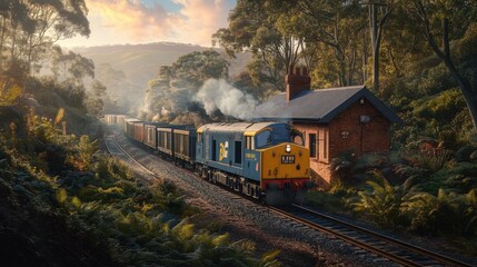 Obraz premium Vintage Train Journey Through Lush Green Landscape with Smoke Clouds, Charming Station and Scenic Mountains in Background at Golden Hour