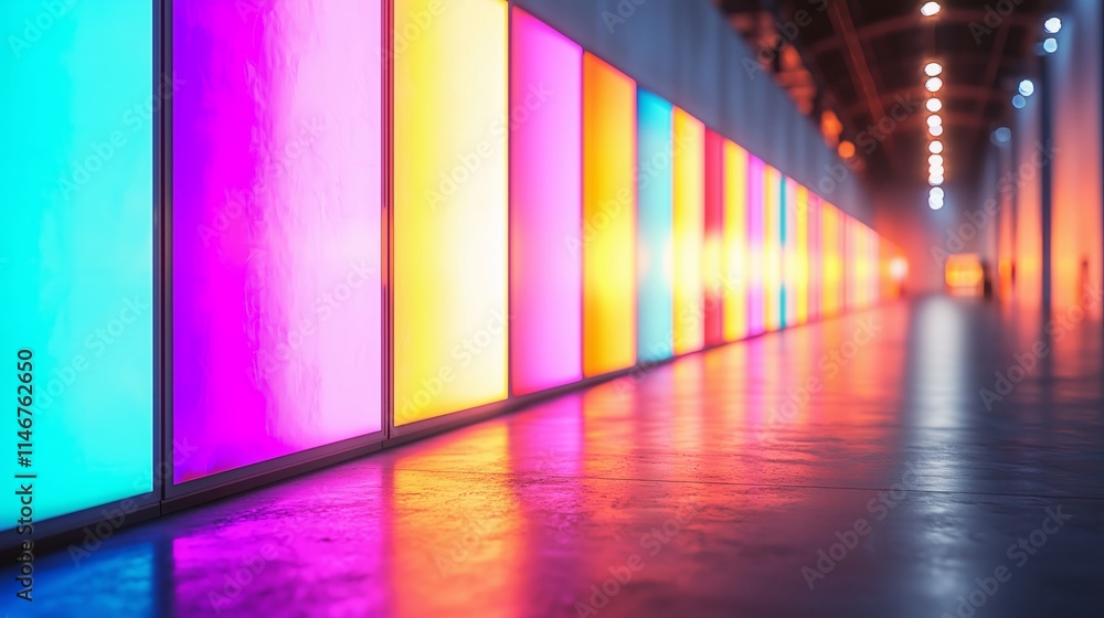 Poster vibrant light panels in an empty hallway creating a colorful ambiance with reflected patterns and mo