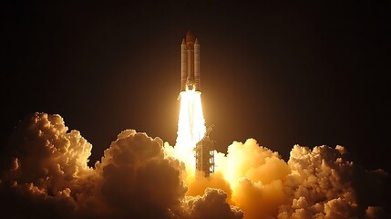 Photo of a space shuttle launching into the night time