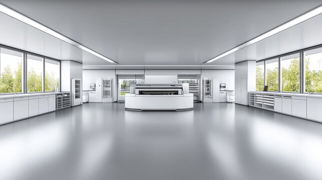 Modern laboratory design featuring spacious layout and bright natural light in a minimalist style