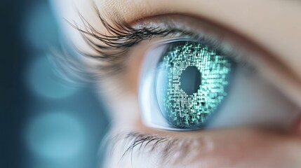 Close-up shot of captivating womans eye, vivid green iris shining with intensity and mystery.