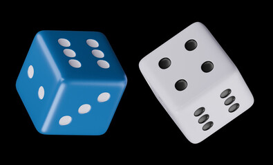 3d white and blue realistic game dice icon in flight closeup isolated on white background. Casino gambling design template for app, web, infographics, advertising, mock up etc
