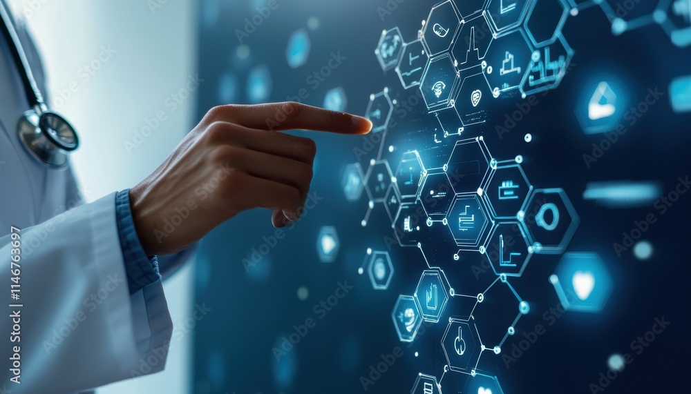 Poster a medical professional interacts with a digital interface displaying interconnected data and icons, 