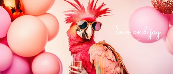 Obraz premium Stylish Parrot Celebrates Love and Joy with Pink Balloons and Champagne
