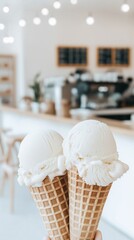Scoops of white ice cream on a waffle cone against the background of a coffee shop