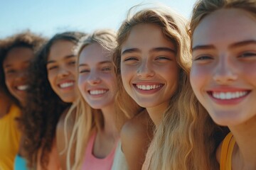 Fototapeta premium Group of cheerful young women smiling together at the beach during a sunny day in summer