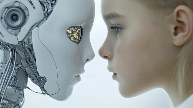 Curious woman observing futuristic humanoid robot in laboratory setting.