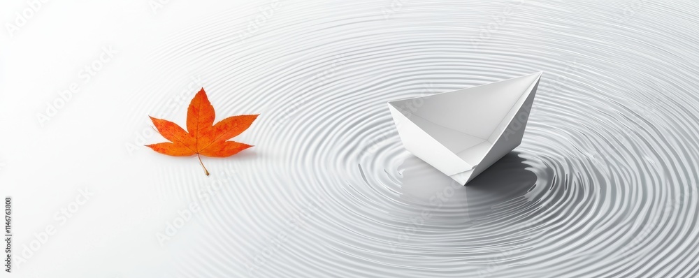 Poster a serene scene featuring a white paper boat floating on water next to a vibrant red maple leaf, crea
