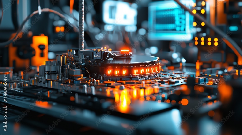 Poster futuristic sound production studio with advanced technology, neon lights, and high-tech equipment cr