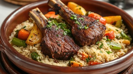 Fototapeta premium Succulent Grilled Lamb Chops served on a Bed of Fluffy Couscous with Colorful Vegetables for a Delicious Mediterranean Dining Experience