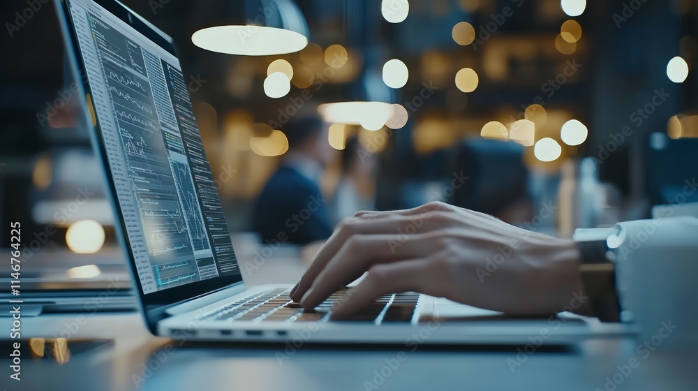 Poster close-up view of a person typing on a laptop in a modern workspace with ambient lighting and blurred