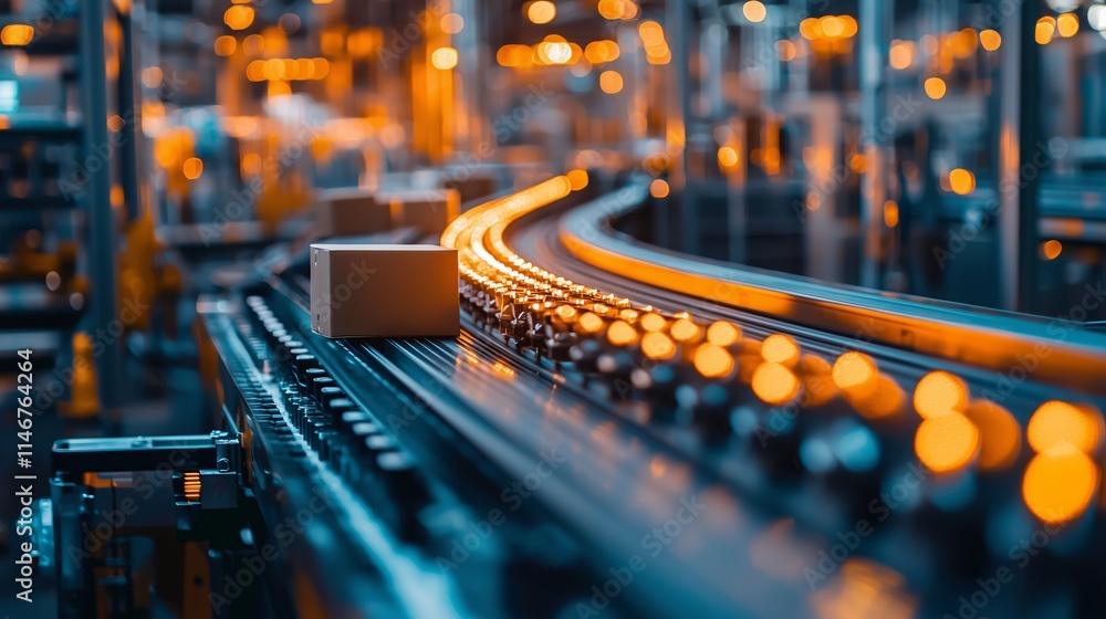 Poster dynamic industrial scene of a modern automated assembly line with packages transporting on conveyor 