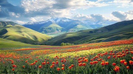 Fototapeta premium vibrant spring meadow with mountain view
