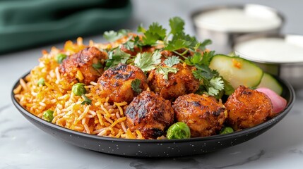 Fototapeta premium Spicy chicken kofta biryani served with fresh coriander, cucumber slices, and raita.