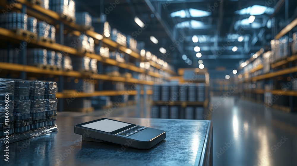 Poster warehouse interior with storage shelves and scale device on table in modern distribution center, ind