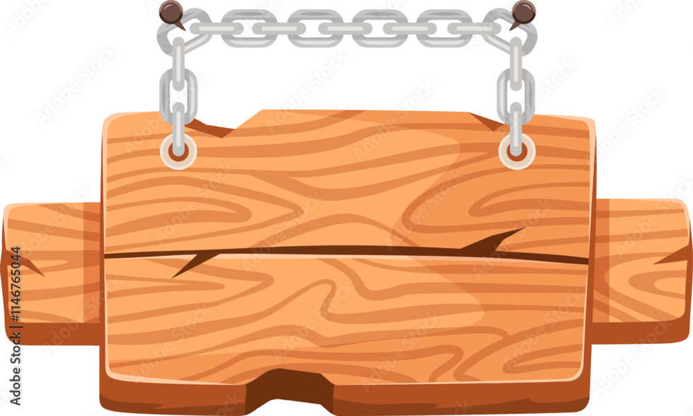 Poster wooden signboard hanging from a metal chain fixed with nails, creating a rustic and versatile backgr