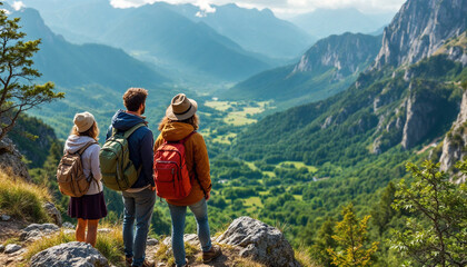 Naklejka premium A breathtaking view from a scenic overlook, where a diverse group of travelers in casual hiking gear admire lush valleys below.