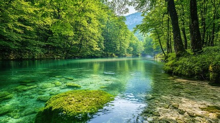 Obraz premium Tranquil Mountain River Surrounded by Lush Green Forest and Clear Blue Water in a Scenic Natural Landscape