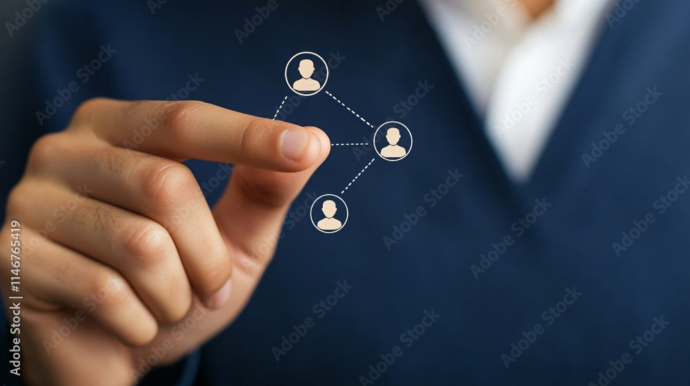 Poster a hand pointing at interconnected user icons, symbolizing networking and connection.