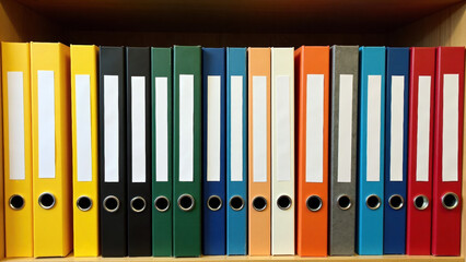 Neatly Arranged File Folders on Wooden Shelf