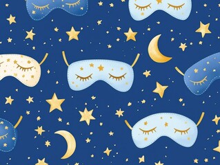 Dreamy sleep mask pattern with stars and moon on blue background