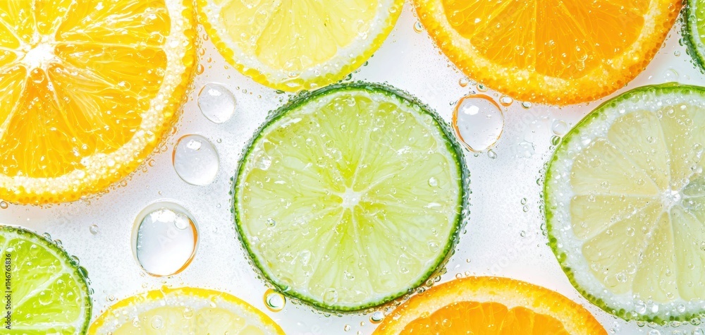 Poster vibrant citrus slices of orange and lime create a refreshing and colorful display, accented with bub