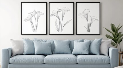 Minimalist living room with elegant botanical wall art and blue sofa