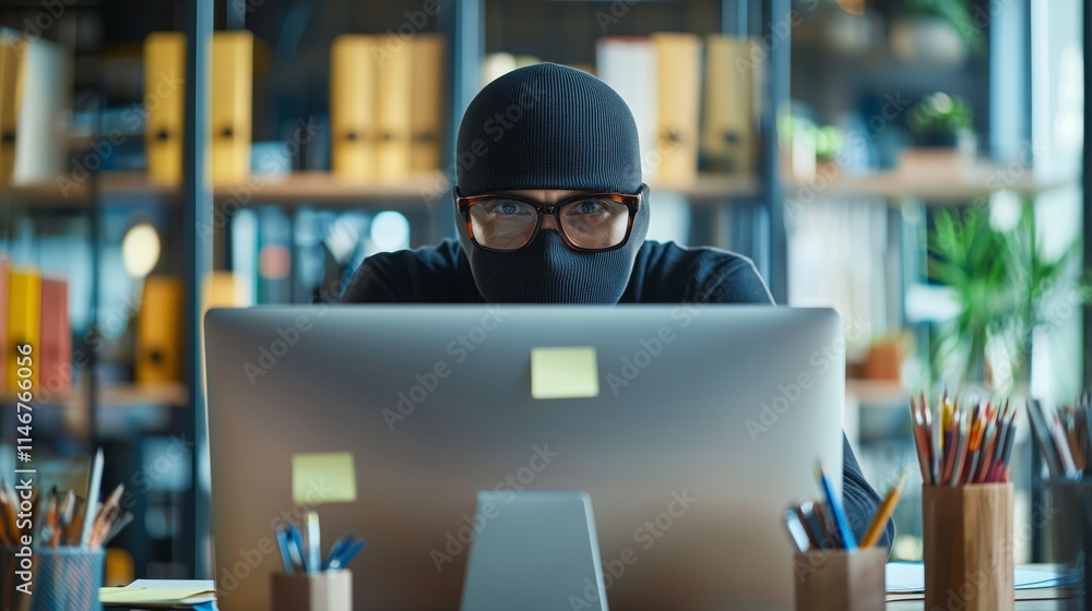 Poster focused individual in black ski mask working on computer in modern office environment surrounded by 