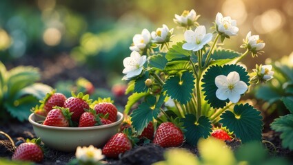 Fresh Strawberries and Blossoms in Sunshine