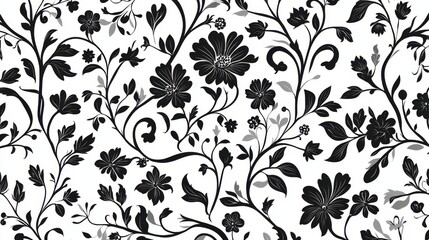 Elegant black and white floral pattern with intricate curves and leaves