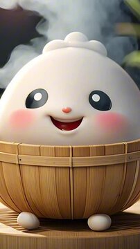 vertical 9:16 3d cheerful dumpling cartoon character mascot digital art with rosy cheeks, sitting in a bamboo steamer with steam curling around, surrounded by chopsticks and dipping sauces