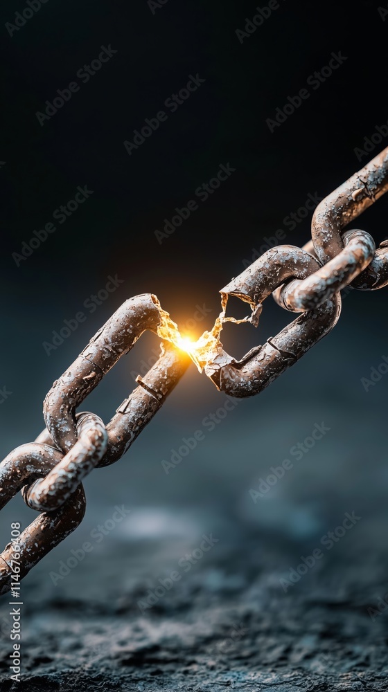 Poster close-up of a broken rusty chain link highlighting a shimmering light, symbolizing fragility, strugg