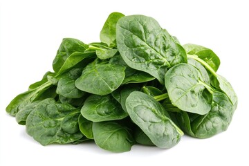 Fototapeta premium A large bunch of spinach leaves with rich green tones, isolated on a white background