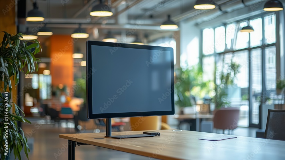 Poster modern workspace with minimalist desk and blank computer monitor in bright, open office environment 