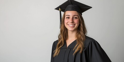 A woman wearing a black graduation cap and gown is smiling. She is wearing a black gown with a white trim