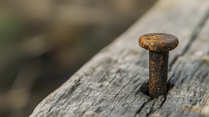 Rusty nail resting on weathered wooden plank in rustic setting with soft natural lighting.