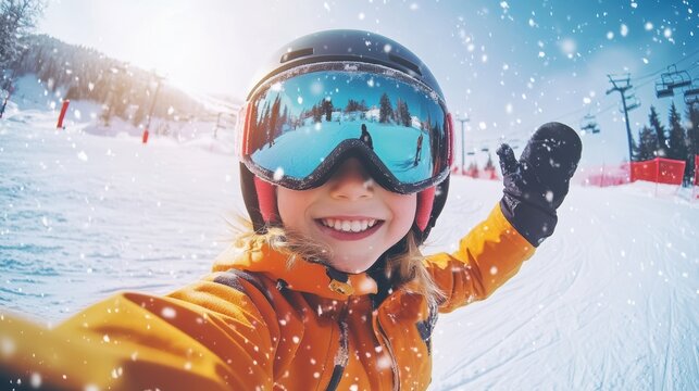 Happy child skier taking selfie portrait on ski slope in mountain winter resort