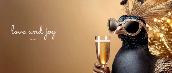 Obraz premium Elegant Peacock Enjoying Champagne Toast, Symbol of Love and Joy
