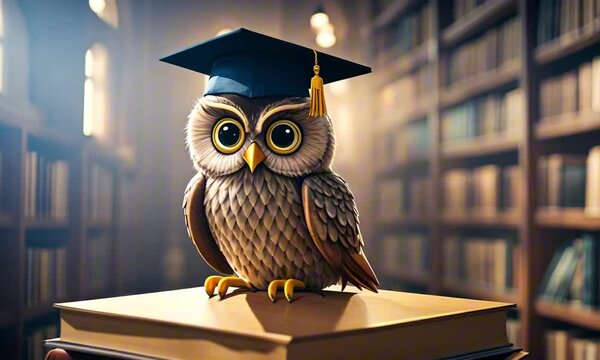 A 3d whimsical owl cartoon character mascot digital art with a graduation cap, perched on a stack of books in a glowing library setting