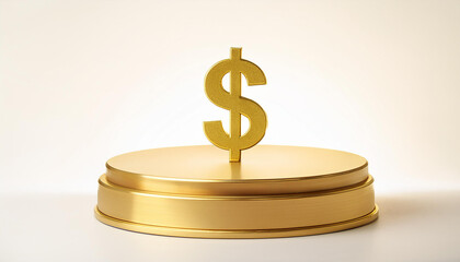 Golden dollar symbol on round podium on white backdrop. Wealth, money, finance and economic