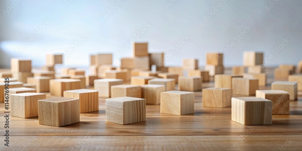 Poster A multitude of simple wooden blocks scattered on a light brown wooden surface, creating a visually appealing and abstract arrangement.