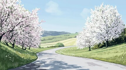Fototapeta premium Serene Landscape with Blossom Trees and Curving Road Under Bright Blue Sky, Ideal for Springtime Imagery and Natural Beauty Illustrations